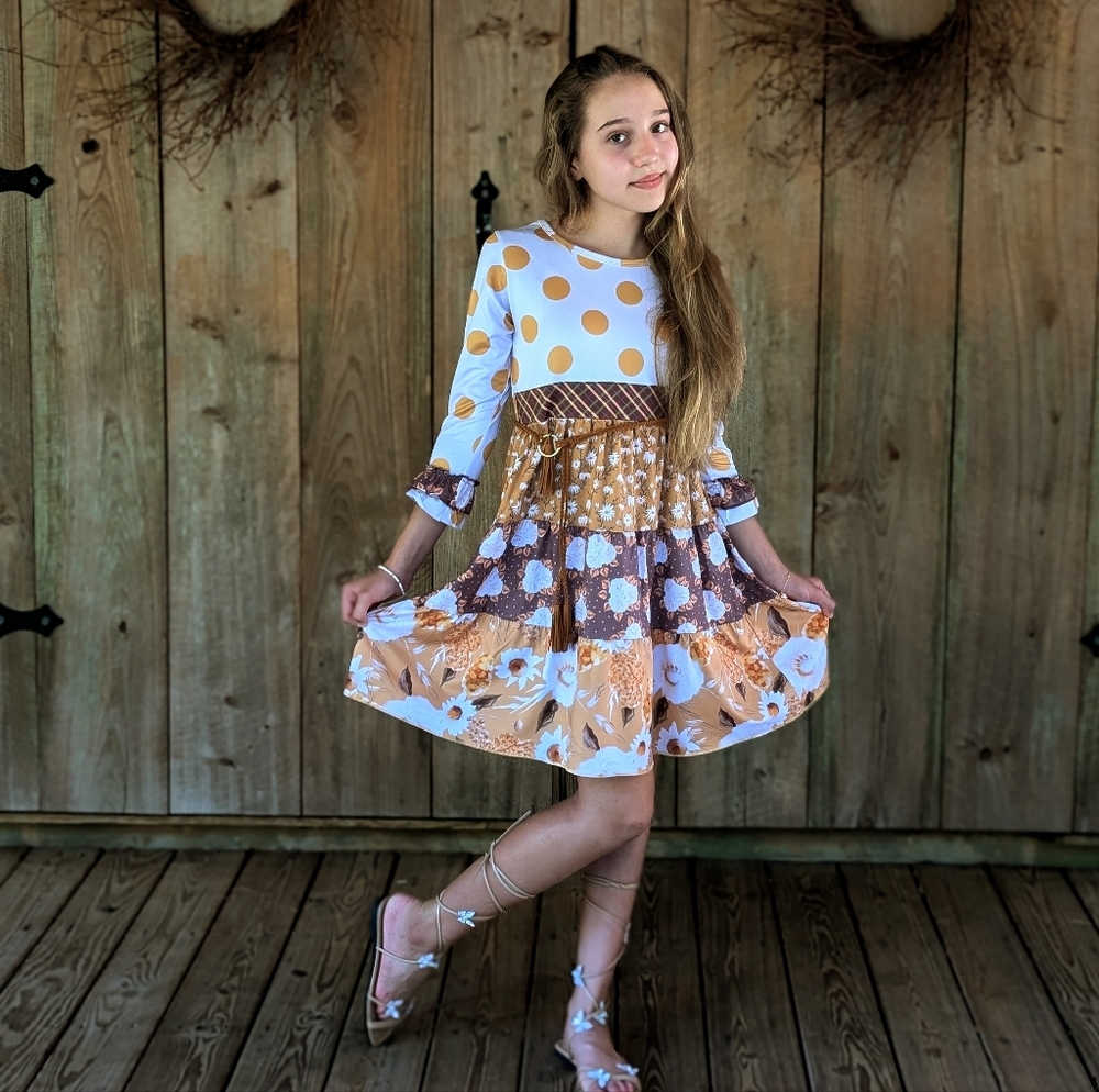 Girls Thanksgiving Dress. Mustard Brown Fall Photos Dress. Toddlers Autumn Dress